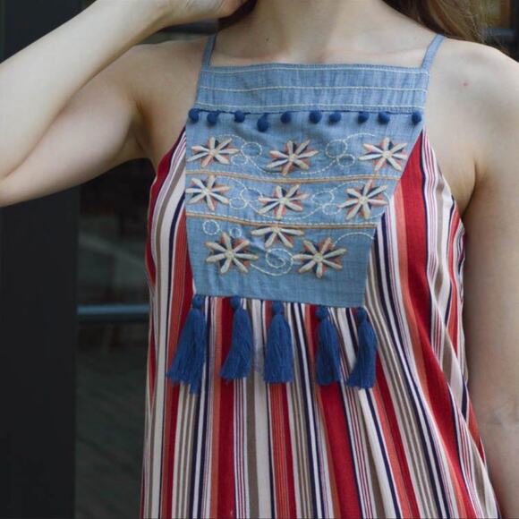 THML Embroidered Striped Maxi Dress Sz M - Picture 2 of 15